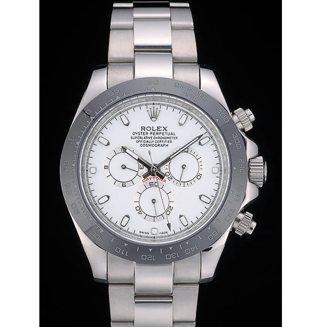 AAA replica watch Rolex 80249 Steep White Daytona Tachymeter Ceramic Stainless Black Dial Strap 0615